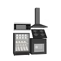 Modern Kitchen Appliances Including Microwave Range Hood Gas Stove Wine Cooler and Oven