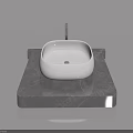 White Square Basin On Black Marble Countertop With Silver Faucet And Light Gray Background