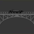 Rusty Metal Truss Bridge With Black Moving Train And Gray Background