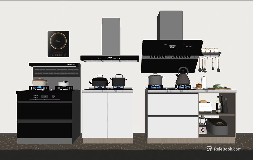 Modern Kitchen Interior With Appliances Induction Cooktop Range Hood And Cabinets 3d model
