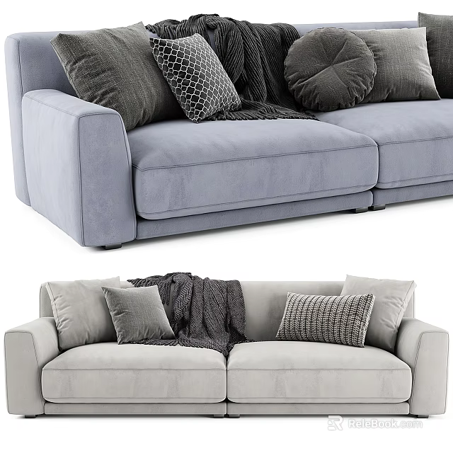 Modern Light Gray Two Seater Sofa With Patterned Pillows And Soft Throw Blanket 3d model