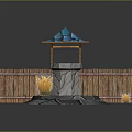 Outdoor Courtyard Scene With Stone Well Blue Roof Wooden Fence And Fire Pit