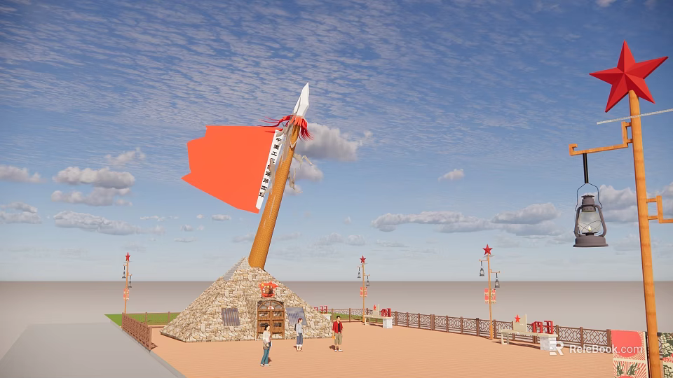 Other Scenic Rocket Model Display With Orange Flag Stone Base And People Walking 3d model 