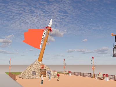 Other Scenic Rocket Model Display With Orange Flag Stone Base And People Walking 3d model