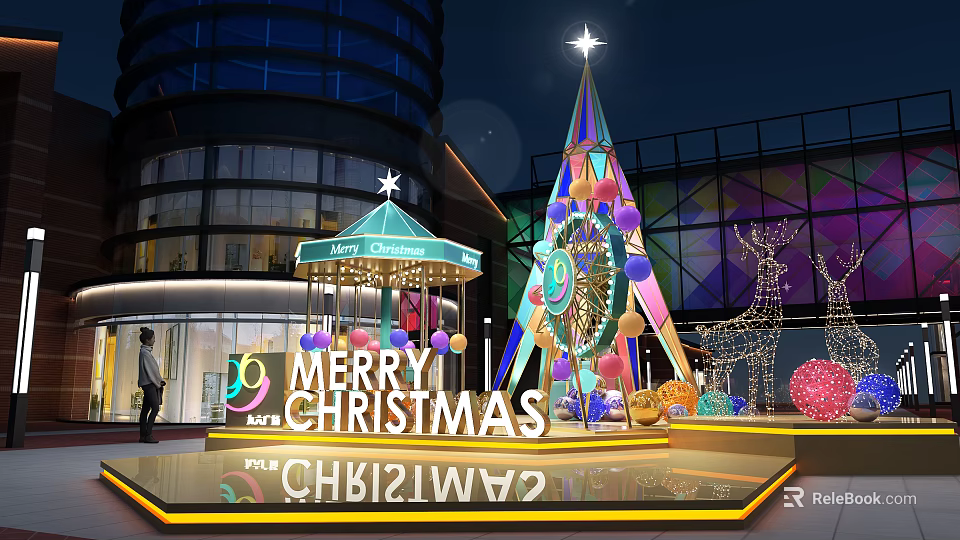 Festive Outdoor Christmas Decorations With Carousel Tree And Merry Christmas Sign 3d model 