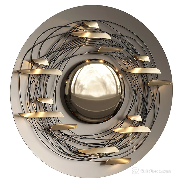 Modern Circular Wall Lamp With Golden Light Panels And Black Wire Frame 3d model 