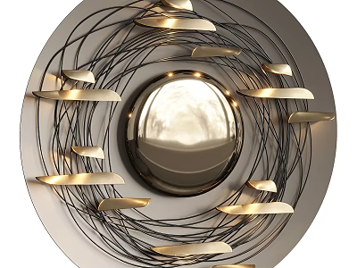 Modern Circular Wall Lamp With Golden Light Panels And Black Wire Frame 3d model