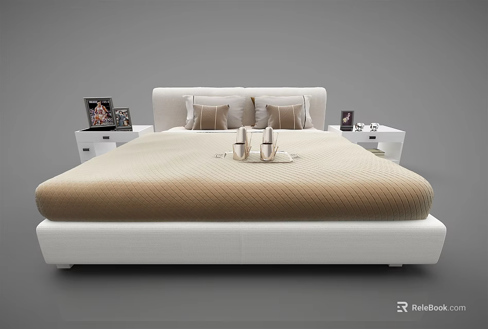 Modern Double Bed with White Headboard Beige Mattress Side Nightstands Photo Frames and Decorative Items 3d model 