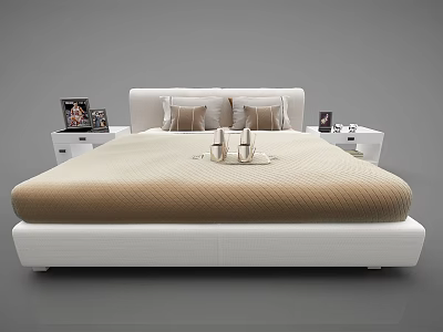 Modern Double Bed with White Headboard Beige Mattress Side Nightstands Photo Frames and Decorative Items 3d model