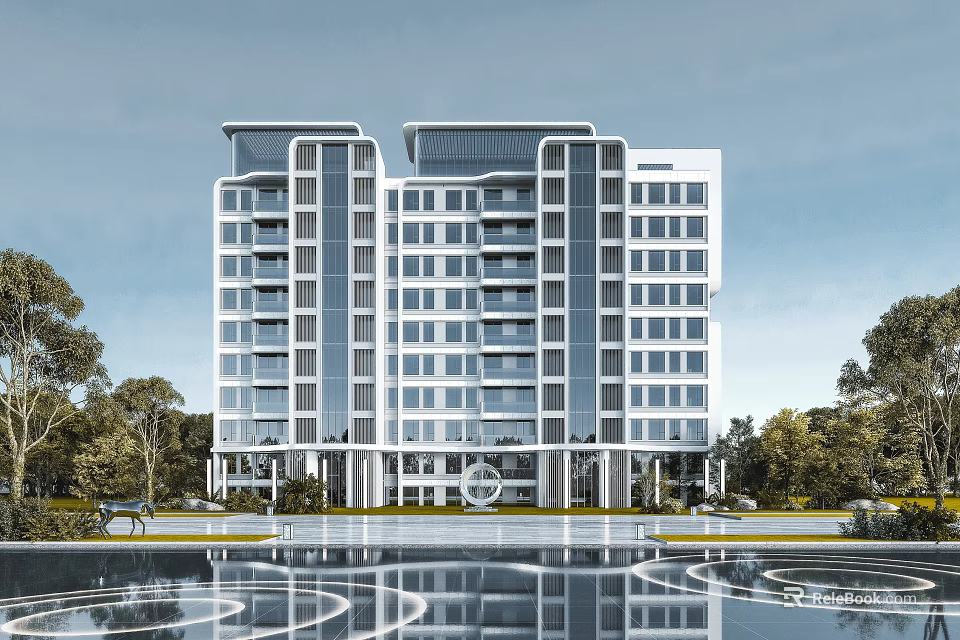 Modern High Rise Residential Building Featuring Glass Facade With Surrounding Trees And Pool Water Reflection 3d model 