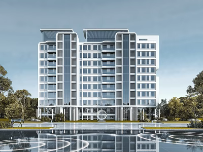 Modern High Rise Residential Building Featuring Glass Facade With Surrounding Trees And Pool Water Reflection 3d model