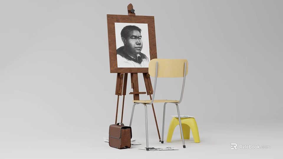 Easel Displaying Portrait Painting With Yellow Chair Stool And Brown Bag 3d model 