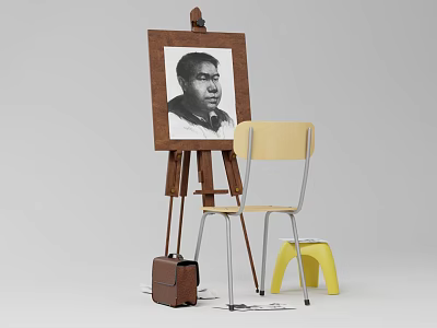 Easel Displaying Portrait Painting With Yellow Chair Stool And Brown Bag 3d model