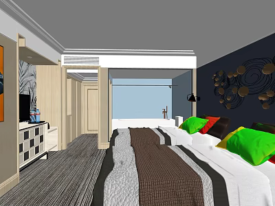 Hotel Guest Room Interior With Comfortable Bed Colorful Pillows TV Gray Carpet And Decorative Wall 3d model
