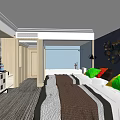 Hotel Guest Room Interior With Comfortable Bed Colorful Pillows TV Gray Carpet And Decorative Wall