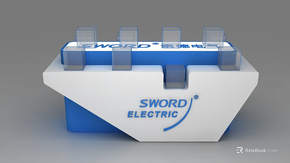 Blue And White Display Shelf With SWORD ELECTRIC Logo And Transparent Compartments 3d model 