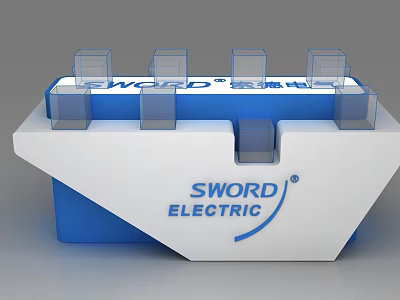 Blue And White Display Shelf With SWORD ELECTRIC Logo And Transparent Compartments 3d model