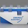 Blue And White Display Shelf With SWORD ELECTRIC Logo And Transparent Compartments