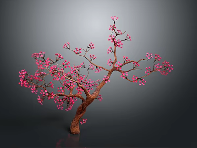 Beautiful Tree With Pink Flowers And Brown Trunk On Gray Background With Reflection 3d model