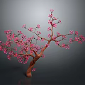 Beautiful Tree With Pink Flowers And Brown Trunk On Gray Background With Reflection