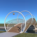 Modern Metal Arch Bridge With Intricate Lattice Design Water Reflection Blue Sky Green Grass