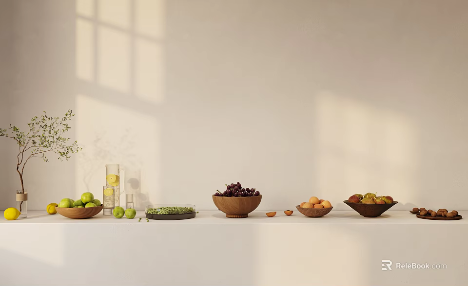 Fruits Displayed On Table With Minimalist Background And Natural Light 3d model 