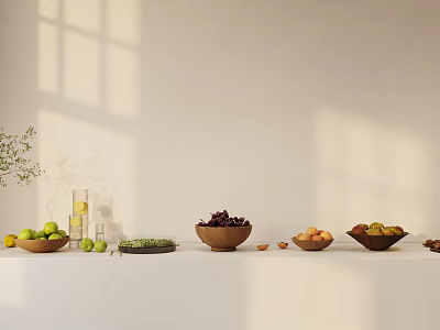 Fruits Displayed On Table With Minimalist Background And Natural Light 3d model