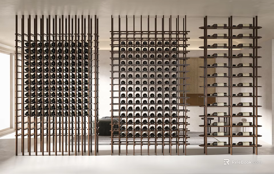 Elegant Modern Wine Racks With Slatted Design And Multiple Bottle Storage 3d model 
