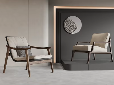 Minimalist Accent Chairs With Wooden Frames Cushions And Circular Wall Art 3d model