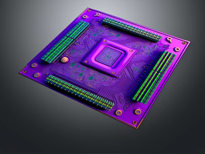 Detailed Electronic Circuit Board With Purple Green Design And Microchip Components 3d model