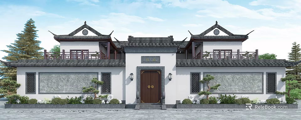 Traditional Chinese Ancient Architecture With Symmetrical Gate Overhanging Eaves And Wooden Door 3d model 