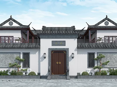 Traditional Chinese Ancient Architecture With Symmetrical Gate Overhanging Eaves And Wooden Door 3d model