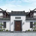 Traditional Chinese Ancient Architecture With Symmetrical Gate Overhanging Eaves And Wooden Door