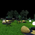 Park Landscape With Golden Arched Decoration Illuminated Lines Lawn Tent Black Carpet Path And Lights