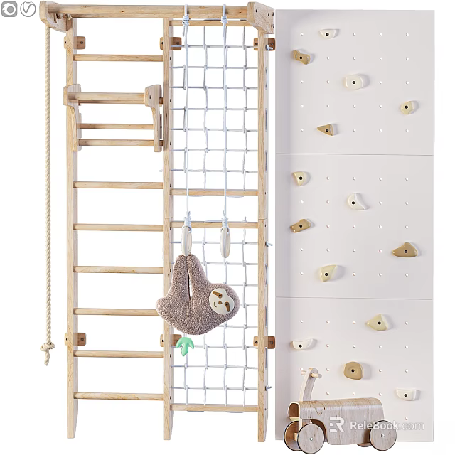 Playful Children's Bed With Wooden Ladder Rope Net Sloth Toy And Climbing Wall Holds 3d model 