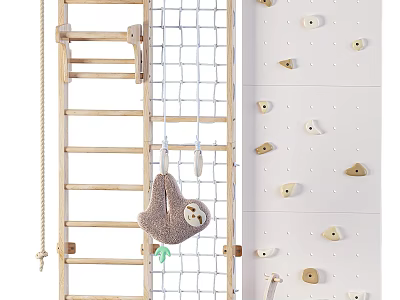 Playful Children's Bed With Wooden Ladder Rope Net Sloth Toy And Climbing Wall Holds 3d model