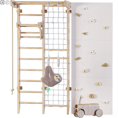 Playful Children's Bed With Wooden Ladder Rope Net Sloth Toy And Climbing Wall Holds 3d model