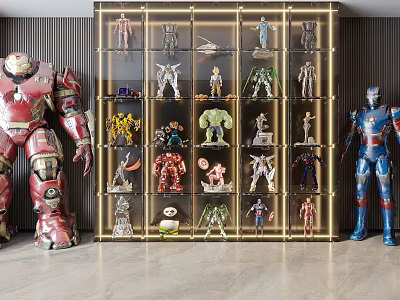 Display Cabinet with Collectible Action Figures Glass Shelves LED Lighting and Life Size Superhero Models 3d model