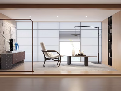 Modern Home Balcony With Glass Partition Comfortable Lounge Chair Coffee Table And Potted Plant 3d model