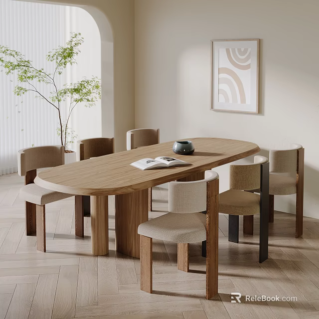 Modern Wooden Dining Table Set with Six Light Upholstered Chairs Green Plant and Wall Art 3d model 