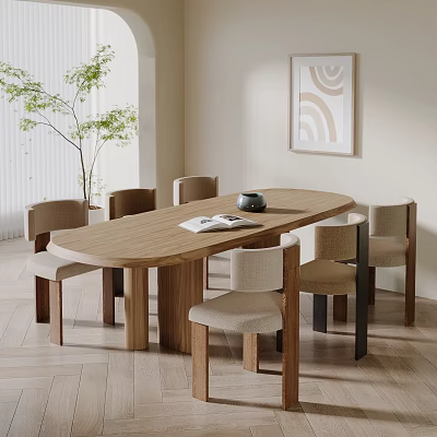 Modern Wooden Dining Table Set with Six Light Upholstered Chairs Green Plant and Wall Art 3d model