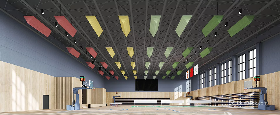 Basketball Gymnasium Interior With Colorful Geometric Pendant Lights Wooden Walls And Large Screen 3d model 
