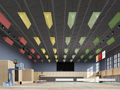 Basketball Gymnasium Interior With Colorful Geometric Pendant Lights Wooden Walls And Large Screen 3d model
