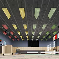 Basketball Gymnasium Interior With Colorful Geometric Pendant Lights Wooden Walls And Large Screen