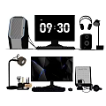 Complete Desktop Computer Setup With Gaming Monitor Keyboard Mouse Headset External Hard Drive Speakers Router 3d model