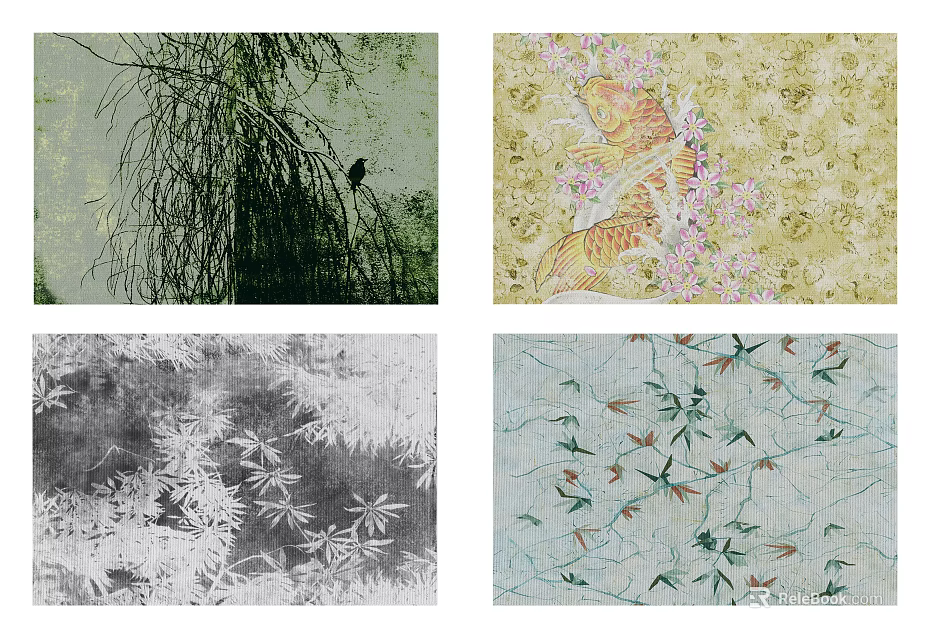 Square Rug Featuring Natural Patterns Weeping Willow Koi Fish And Bamboo Leaves Design 3d model