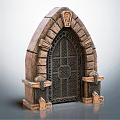 Decorative Medieval Style Stone Arch Featuring Intricate Metal Door And Orange Accents