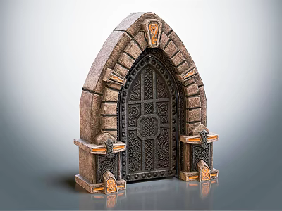 Decorative Medieval Style Stone Arch Featuring Intricate Metal Door And Orange Accents 3d model