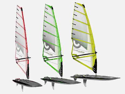 Colorful Recreational Equipment Featuring Three Windsurfing Boards With Red Green Yellow Sails 3d model