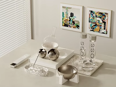 Modern Decorative Ornament Set With Metal Spheres Glass Container And Tray On White Tabletop 3d model
